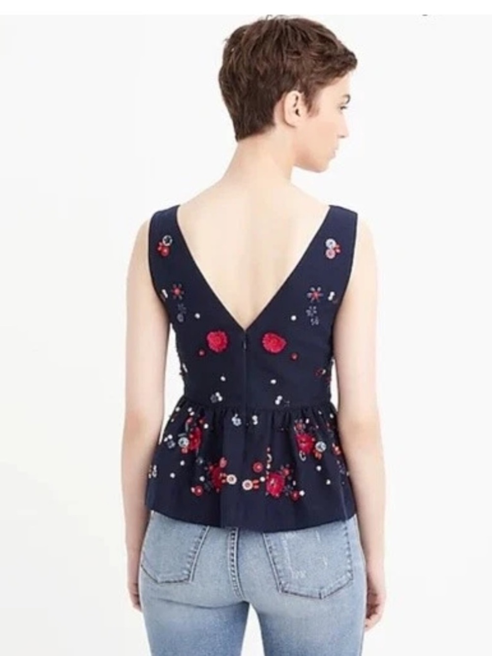 J. Crew Navy V-Neck Peplum Tank with Red & Pink Floral Embroidery - Picture 4 of 4